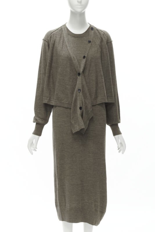 LEMAIRE brown merino wool blend tie front cardigan sweater dress XS