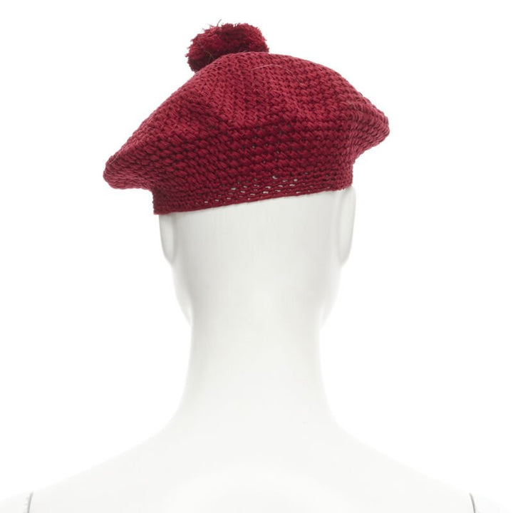 GUCCI Michele 100% cotton burgundy red pom pom knit beret hat M 57cm