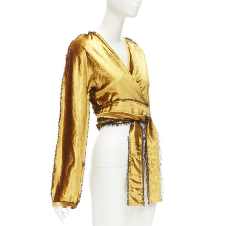SID NEIGUM gold velvet black frayed seams wrap kimono robe jacket US2 S