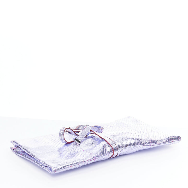 YVES SAINT LAURENT purple metallic scaled leather wraparound clutch bag