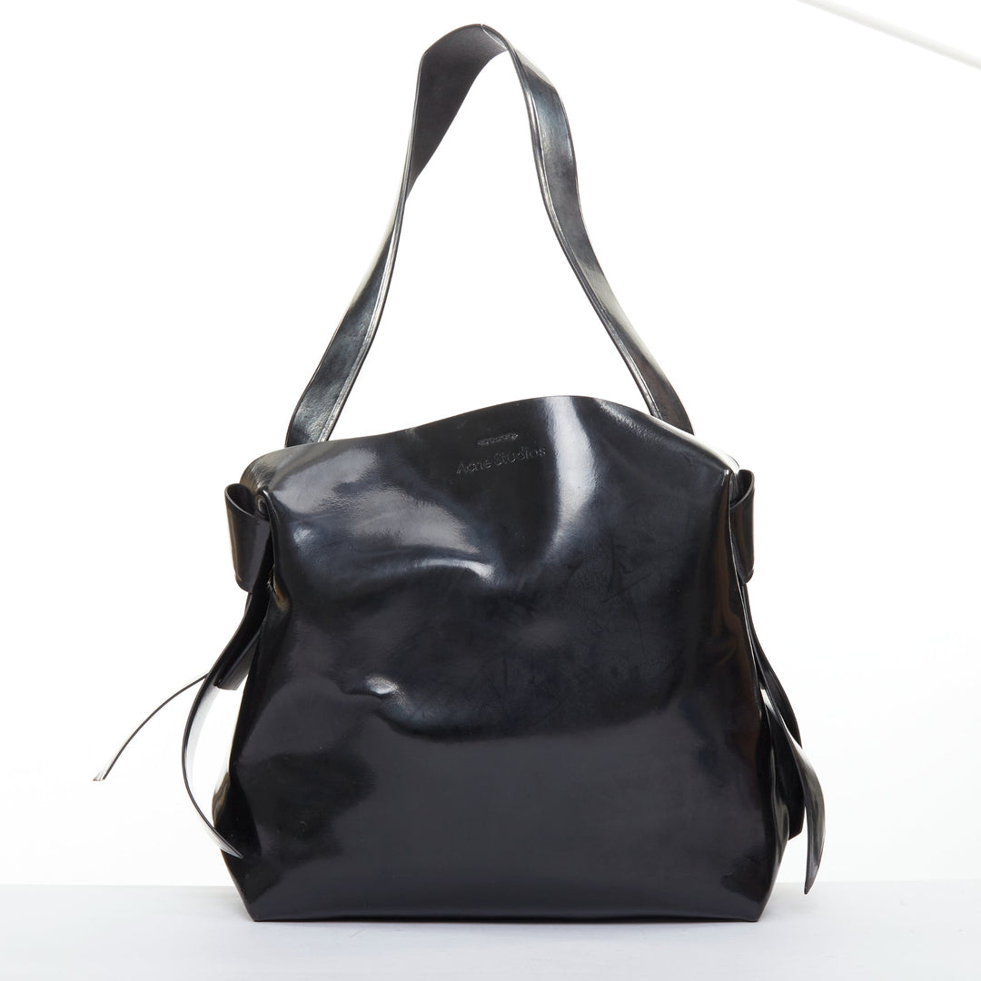 ACNE STUDIOS Musubi glossy black leather bow side shoulder hobo bag