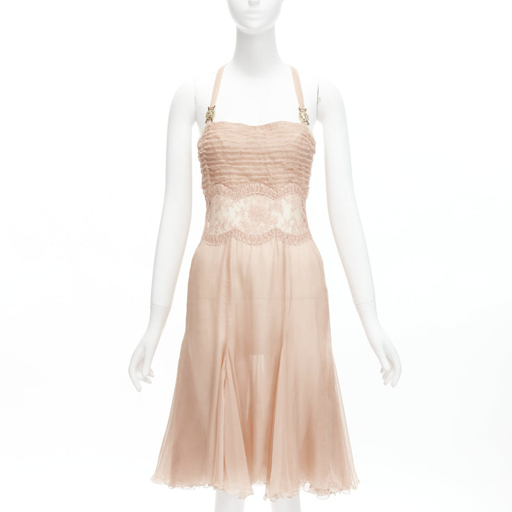 VERSACE 2005 Runway nude gold Medusa buckles sheer lace chiffon dress IT38 XS