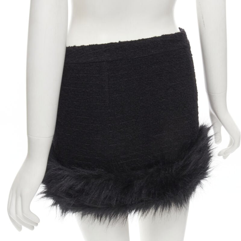 SAINT LAURENT 2022 black tweed faux fur trimmed mini skirt FR34 XS
