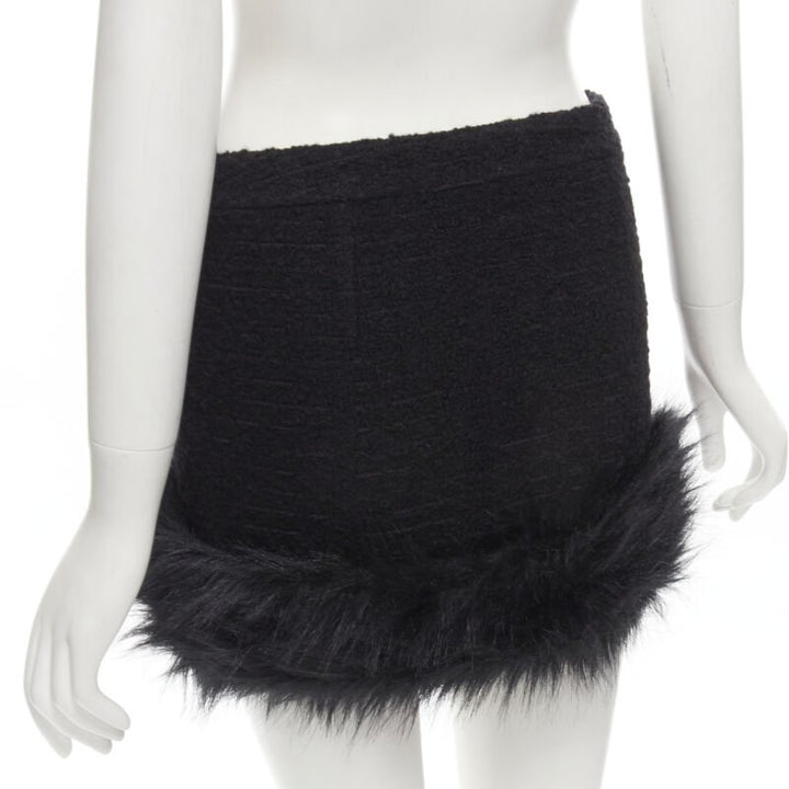 SAINT LAURENT 2022 black tweed faux fur trimmed mini skirt FR34 XS