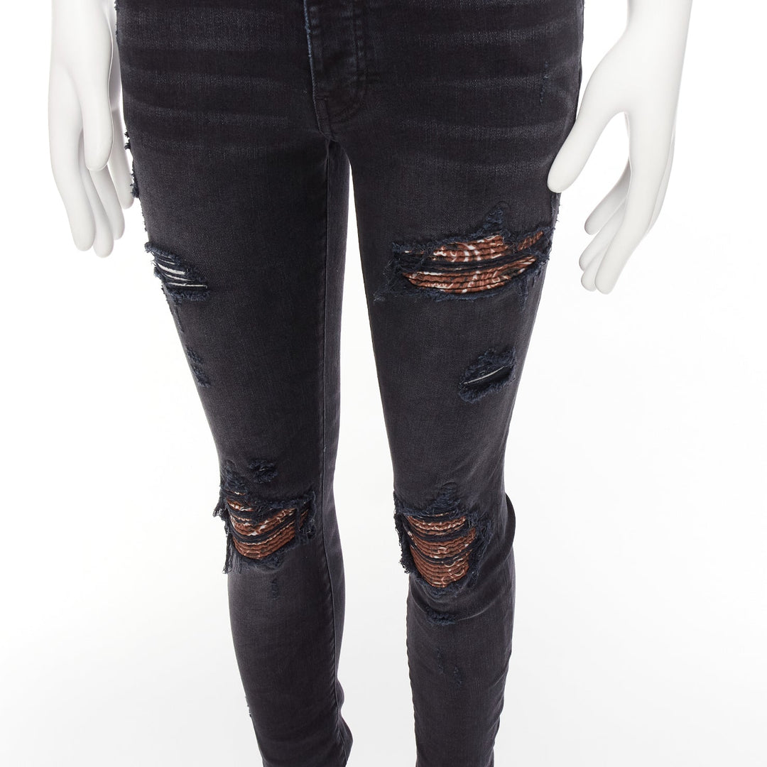 AMIRI black charcoal distressed brown pleated inserts washed skinny jeans 31"