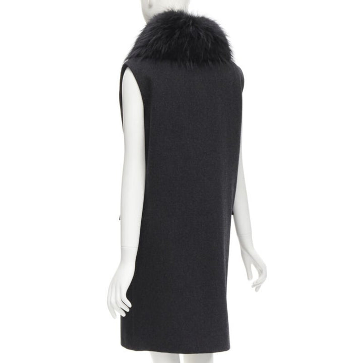 JOSEPH wool black minimal oversized fur collar flap pockets boxy vest FR38 S