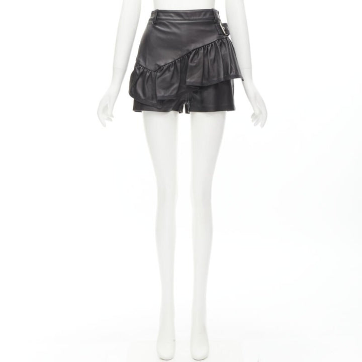 3.1 PHILLIP LIM black leather ruffle biker buckle high rise shorts US0 XS