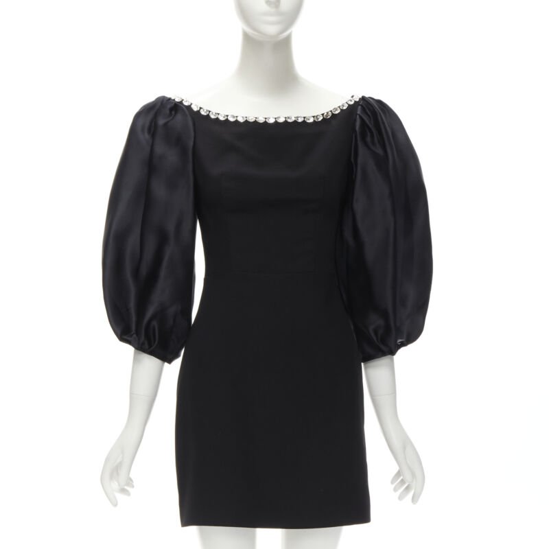 RASARIO black crystal embellished neckline puff balloon sleeves dress FR36 S