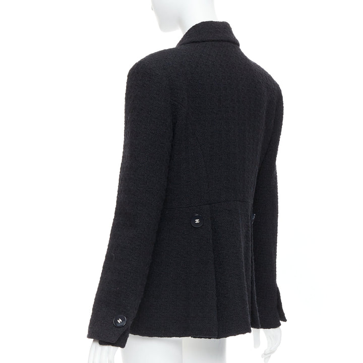 CHANEL 17A Runway Cosmopolite black tweed double breasted tuxedo jacket FR44
