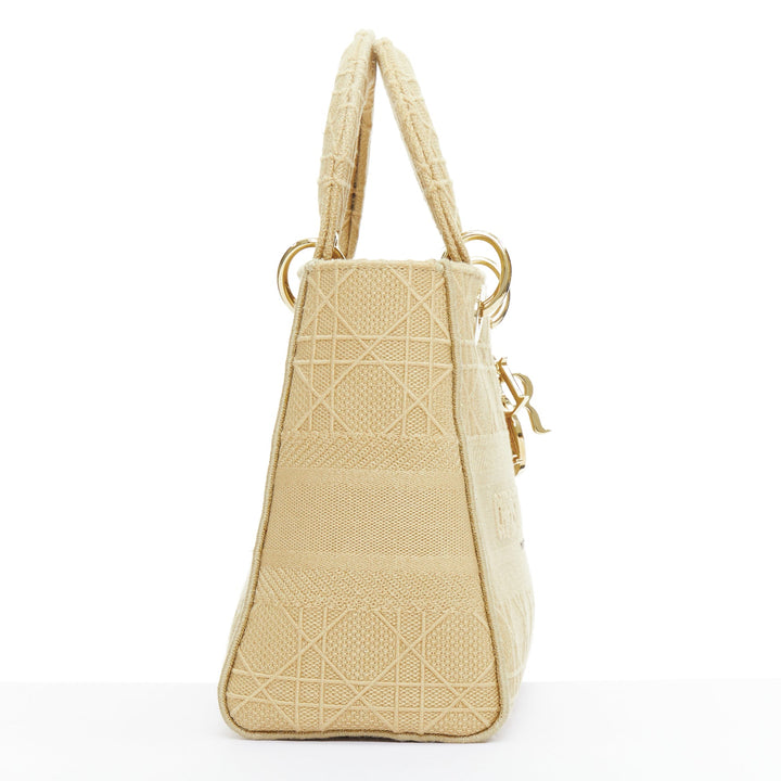CHRISTIAN DIOR Lady D-Lite Medium Cannage beige canvas CD charm top handle bag