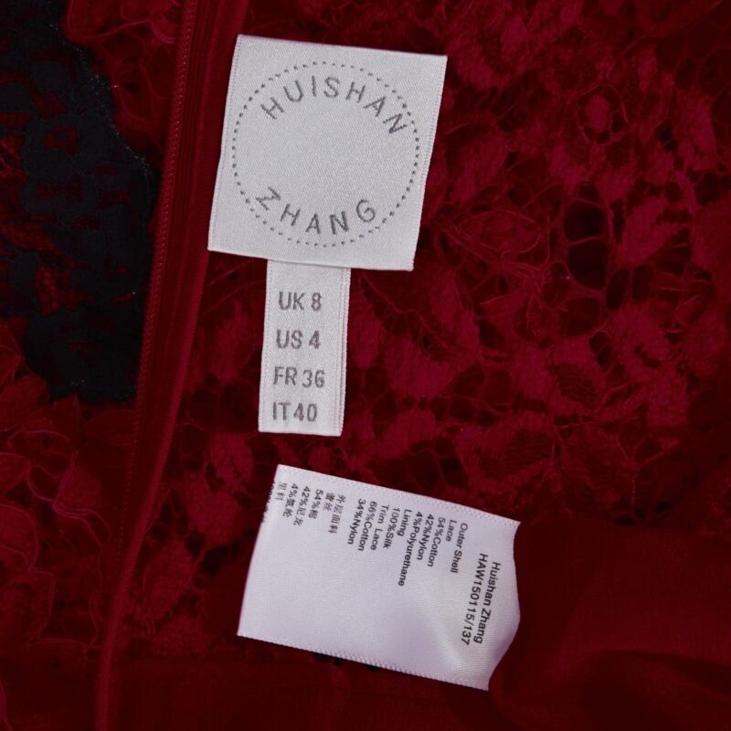 HUISHAN ZHANG red floral embroidered lace black spot flared cocktail dress US4 S