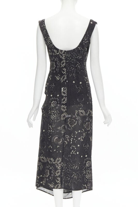 YOHJI YAMAMOTO black pixelated floral paisley cut out draped front midi dress S