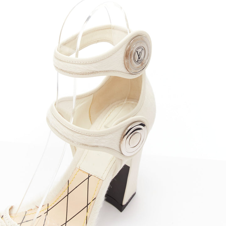 LOUIS VUITTON Anaconda white calf hair silver button braided chunky heel EU37