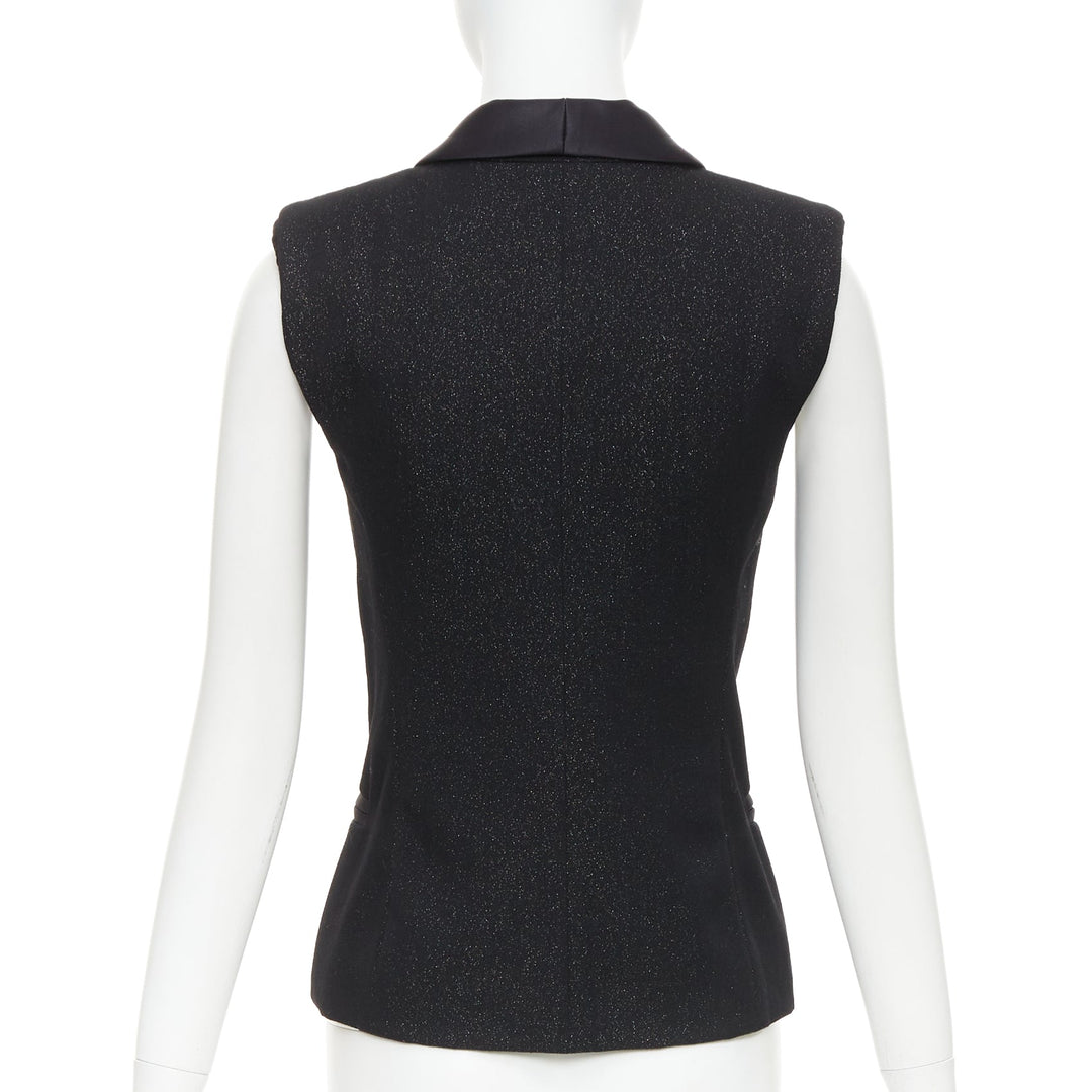 CHANEL black wool lurex pearl crystal button satin shawl collar vest FR36 S