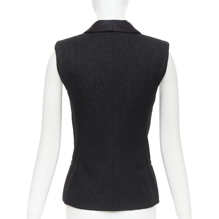 CHANEL black wool lurex pearl crystal button satin shawl collar vest FR36 S