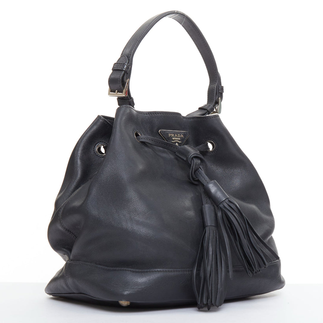 PRADA City Calf Bucket black calfskin leather triangle tassel drawstring bag