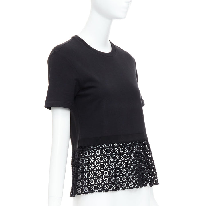 GIAMBATTISTA VALLI black cotton geometric lace hem tshirt IT38 XXS