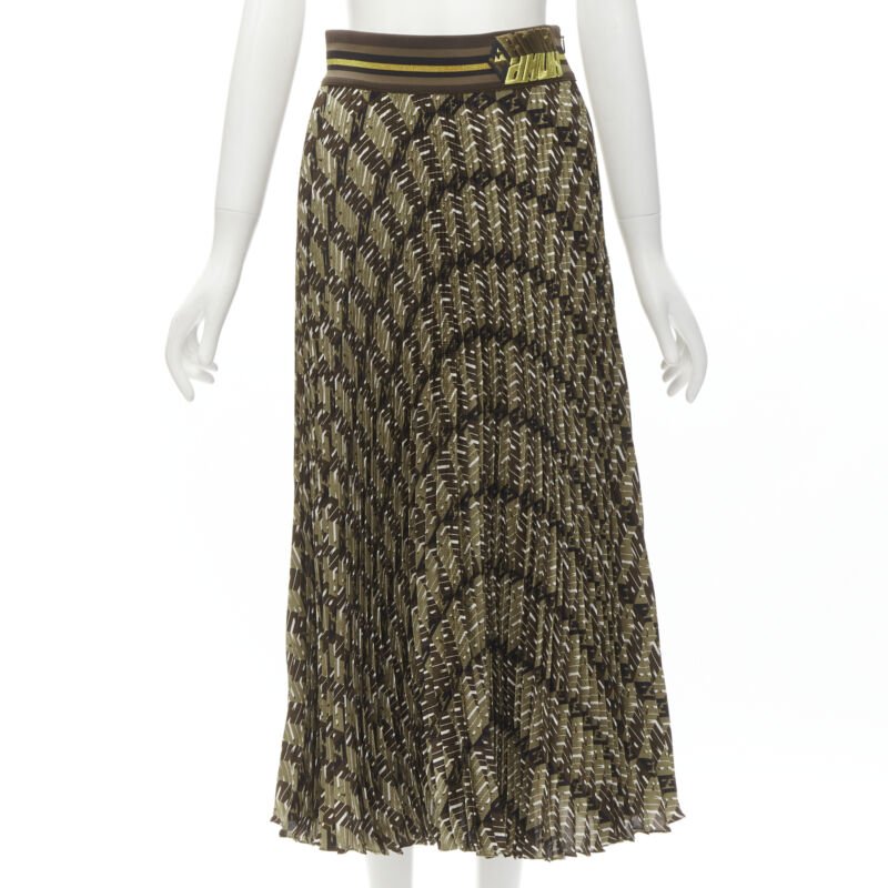 FENDI Roma Amor brown gold graphic print pleated plisse silk skirt IT42 M