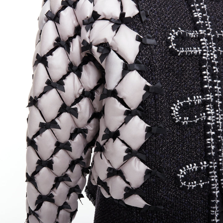 rare CHANEL 15A Runway black tweed white quilted tromp loeil ribbon  jacket FR50