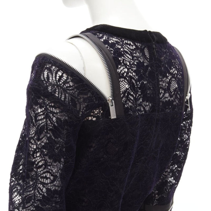 SACAI navy velvet floral lace pink zipper trim romper playsuit S