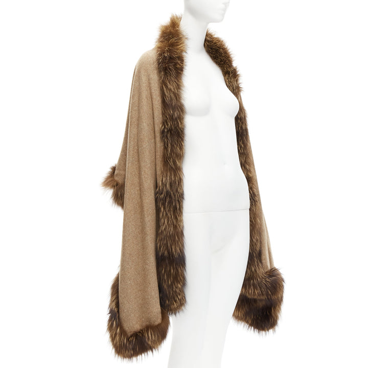 NO BRAND brown real fur trim soft wool rectangular shawl scarf