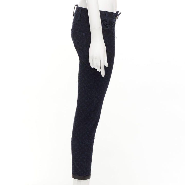 LOUIS VUITTON dark blue LV monogram black leather trim skinny jeans FR34 XS