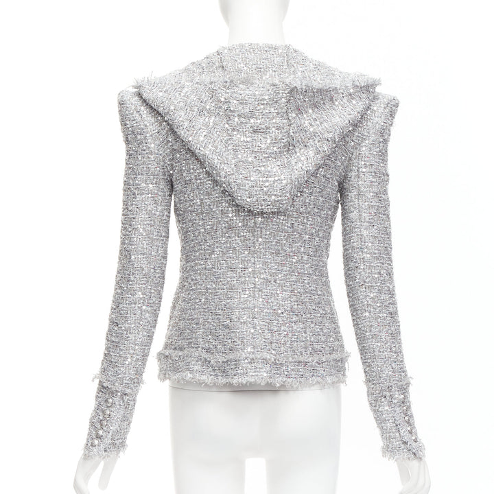BALMAIN silver sequinned boucle tweed hooded power shoulder jacket FR36 S