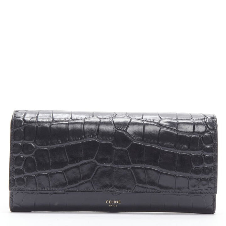 CELINE black scaled leather embossed calfskin flap front long wallet