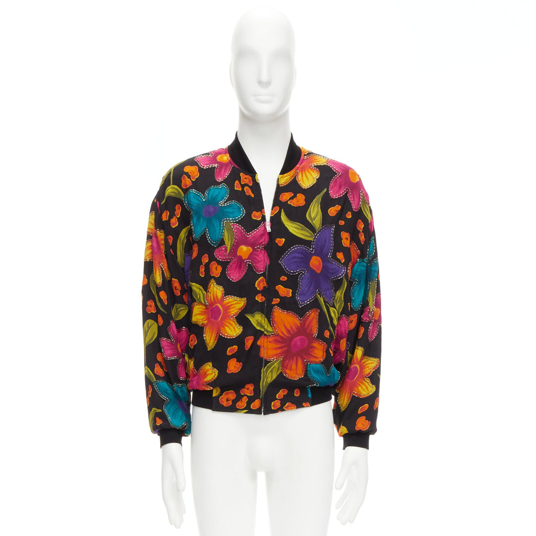 SAINT LAURENT 2021 Teddy floral crepe embellished bomber jacket FR44 XS