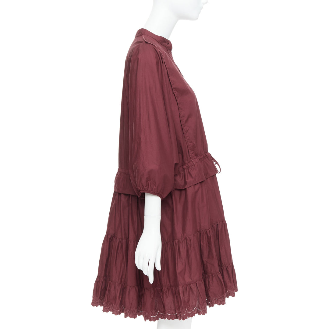 SEE BY CHLOE 616 smoked red cotton SBC scallop trim shirt dress FR40 L