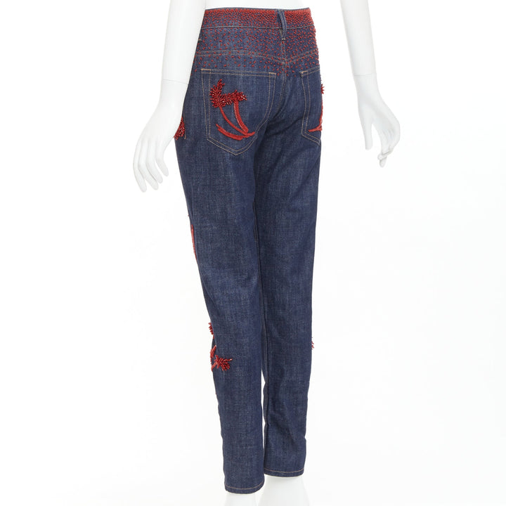 PRADA 2017 Runway red beaded floral embellishment straight leg cropped jeans 25"
