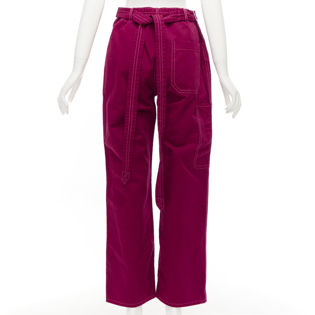 MARNI burgundy cotton linen topstitch belt waist wide leg pants IT38 XS