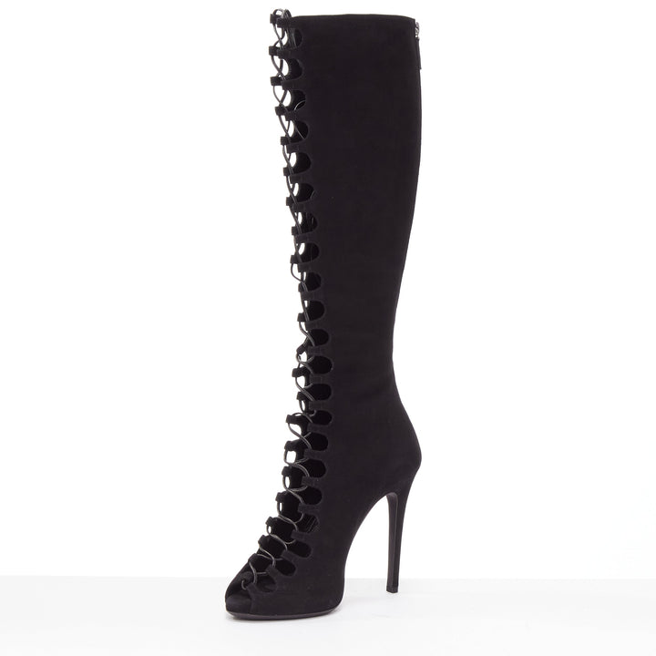 GIAMBATTISTA VALLI black suede leather criss cross lace up front boots EU38