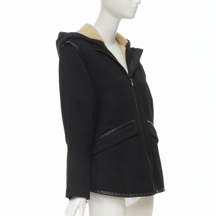 MAJE black fully shearling lined leather trim flared back coat FR36 S