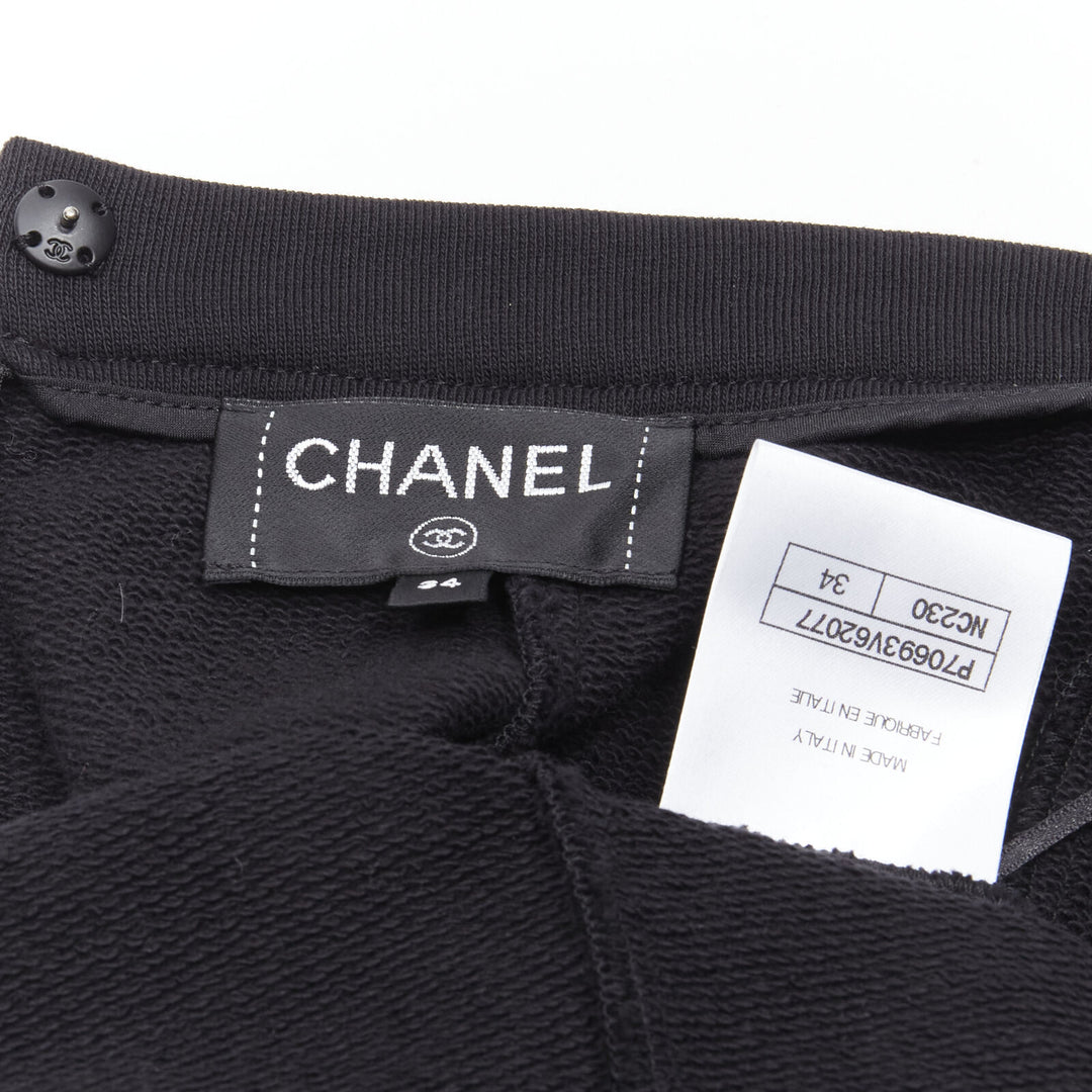 rare CHANEL 2021 Runway black neon graphic logo slit cotton fleece skirt FR34 XS
