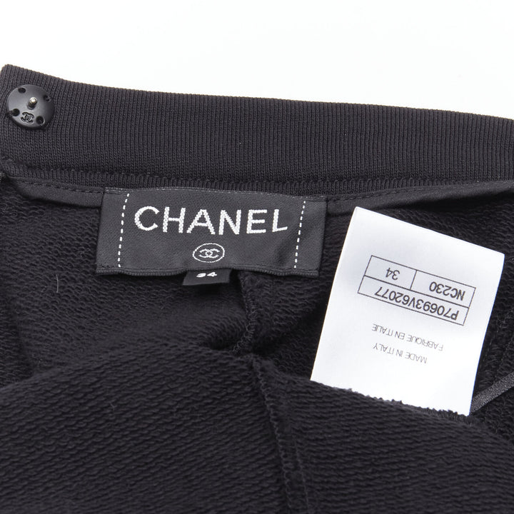 rare CHANEL 2021 Runway black neon graphic logo slit cotton fleece skirt FR34 XS