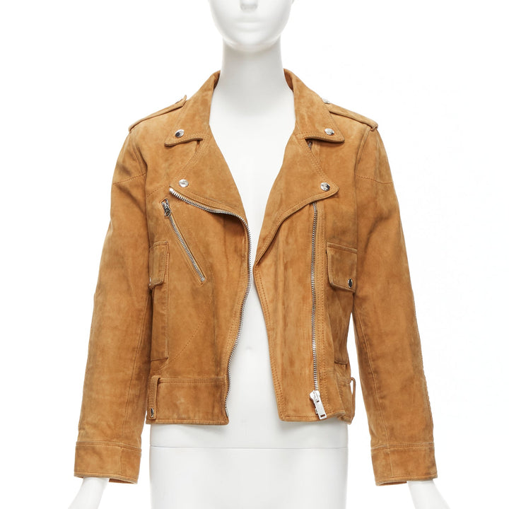 GOLDEN GOOSE tobacco brown distressed suede silver stud logo biker jacket