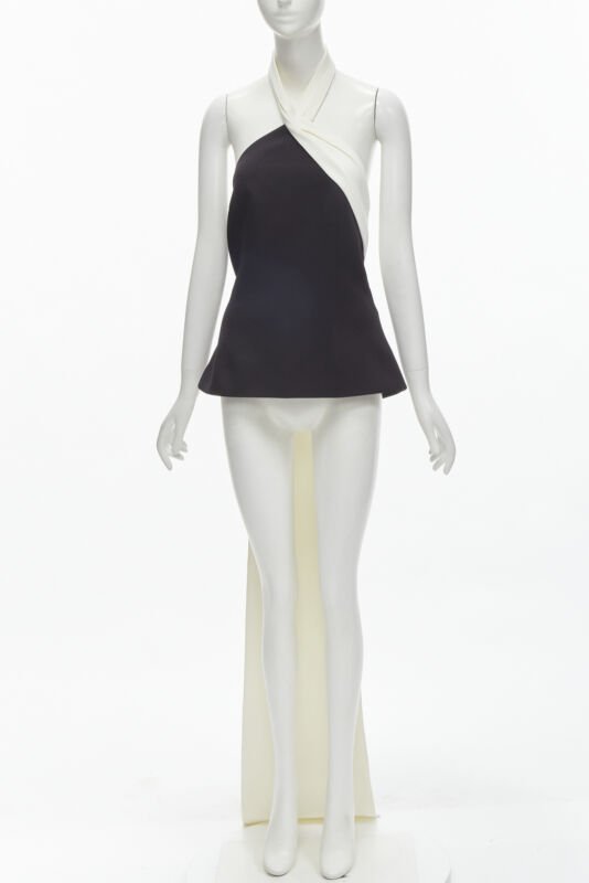 SAFIYAA black white pleated asymmetrical halter train top black flared pant UK12