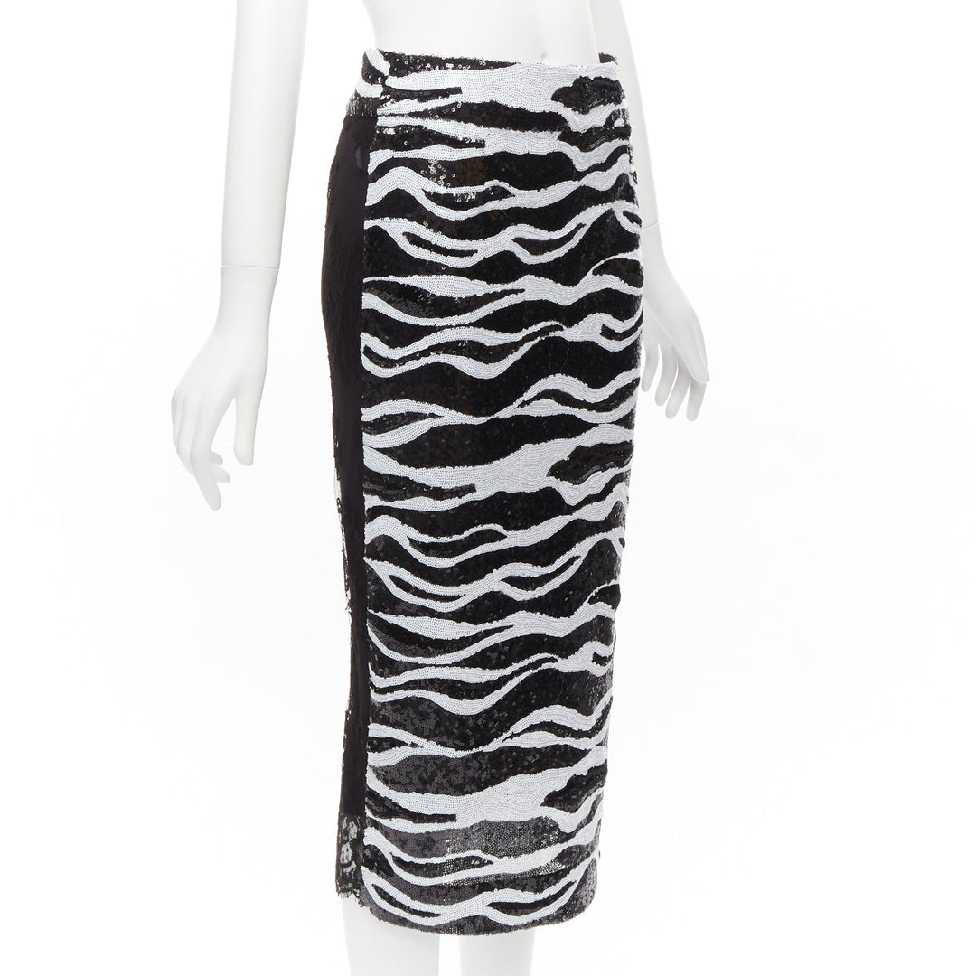 DOLCE GABBANA 2022 black white zebra sequins chantilly lace back skirt IT38 XS