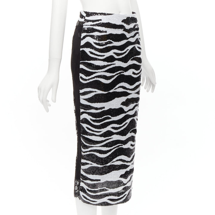 DOLCE GABBANA 2022 black white zebra sequins chantilly lace back skirt IT38 XS