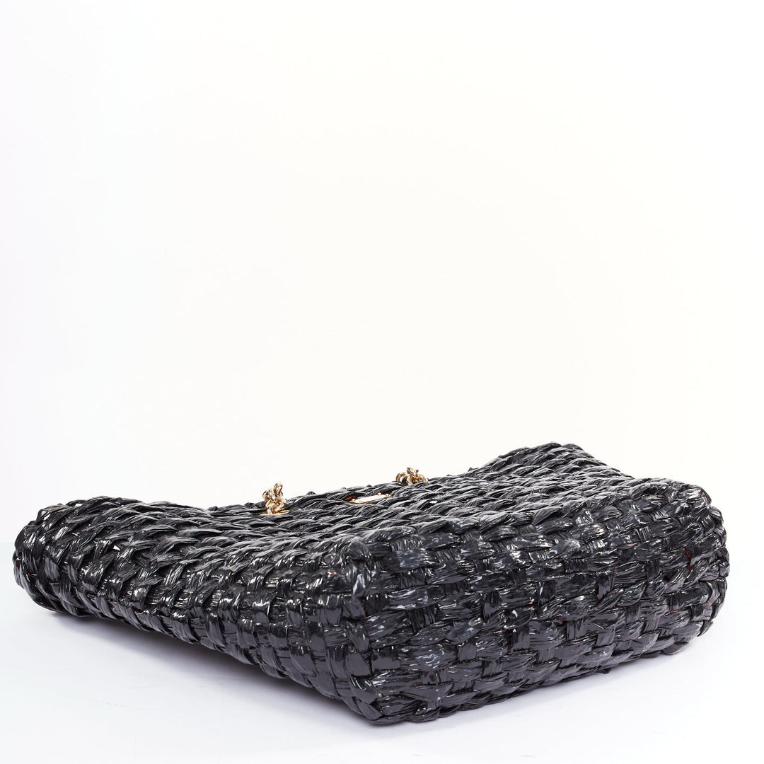 DOLCE GABBANA Vernice Vitello black lacquered raffia woven coffa large tote bag