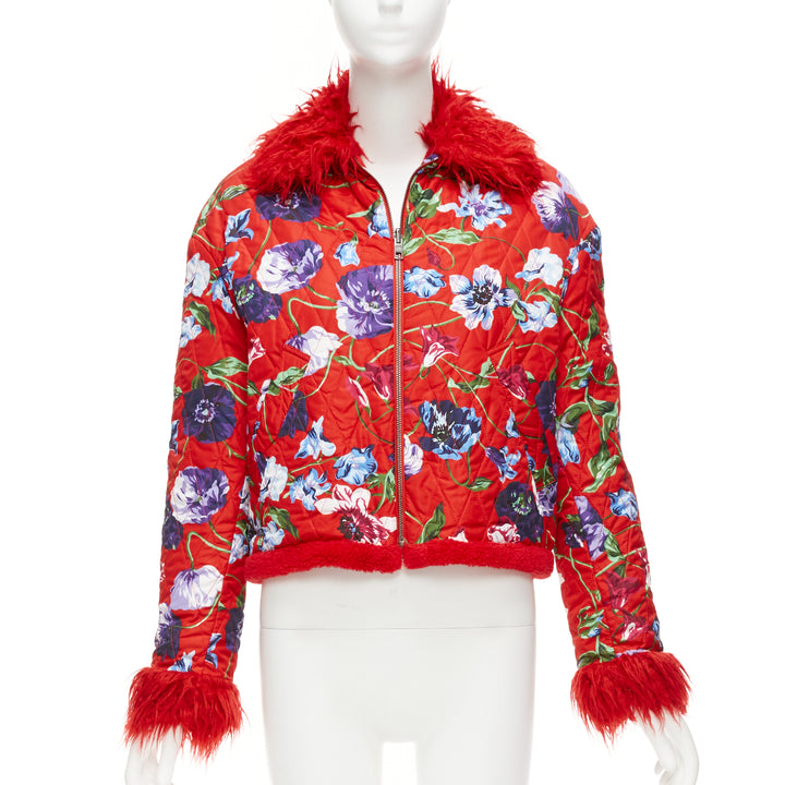 KENZO Memento reversible red purple flower print faux fur crop jacket FR34 XS