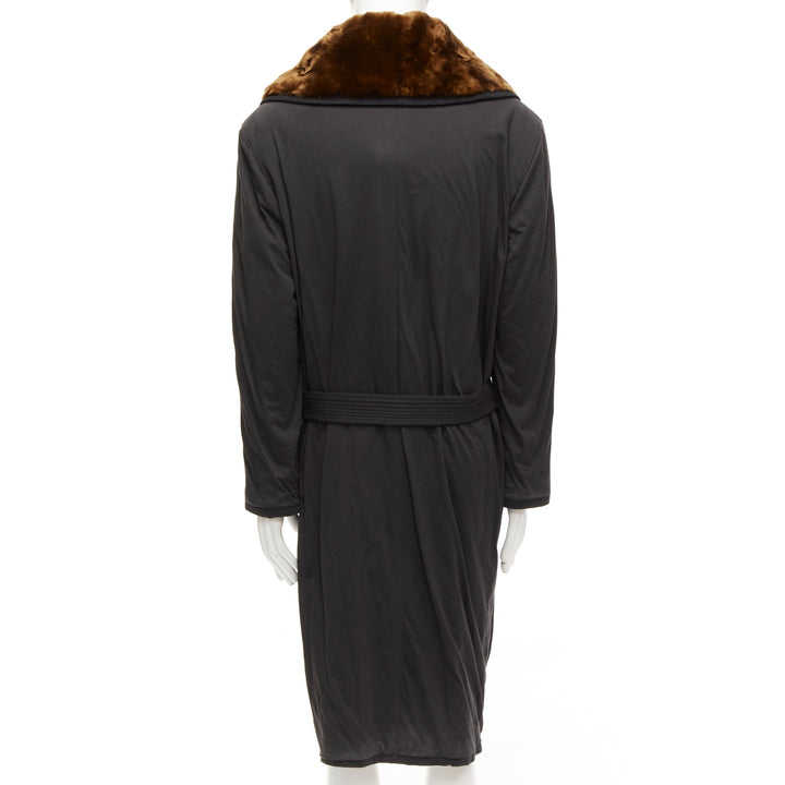 rare JEAN PAUL GAULTIER HOMME brown faux fur collar black cotton belted coat L