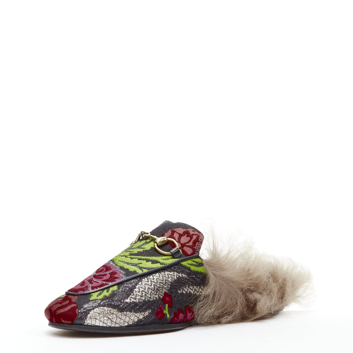 GUCCI Alessandro Michele Princetown floral jacquard fur lined loafer EU36