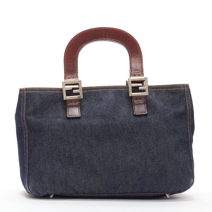 FENDI Vintage Twin dark blue denim FF buckle brown handle bag