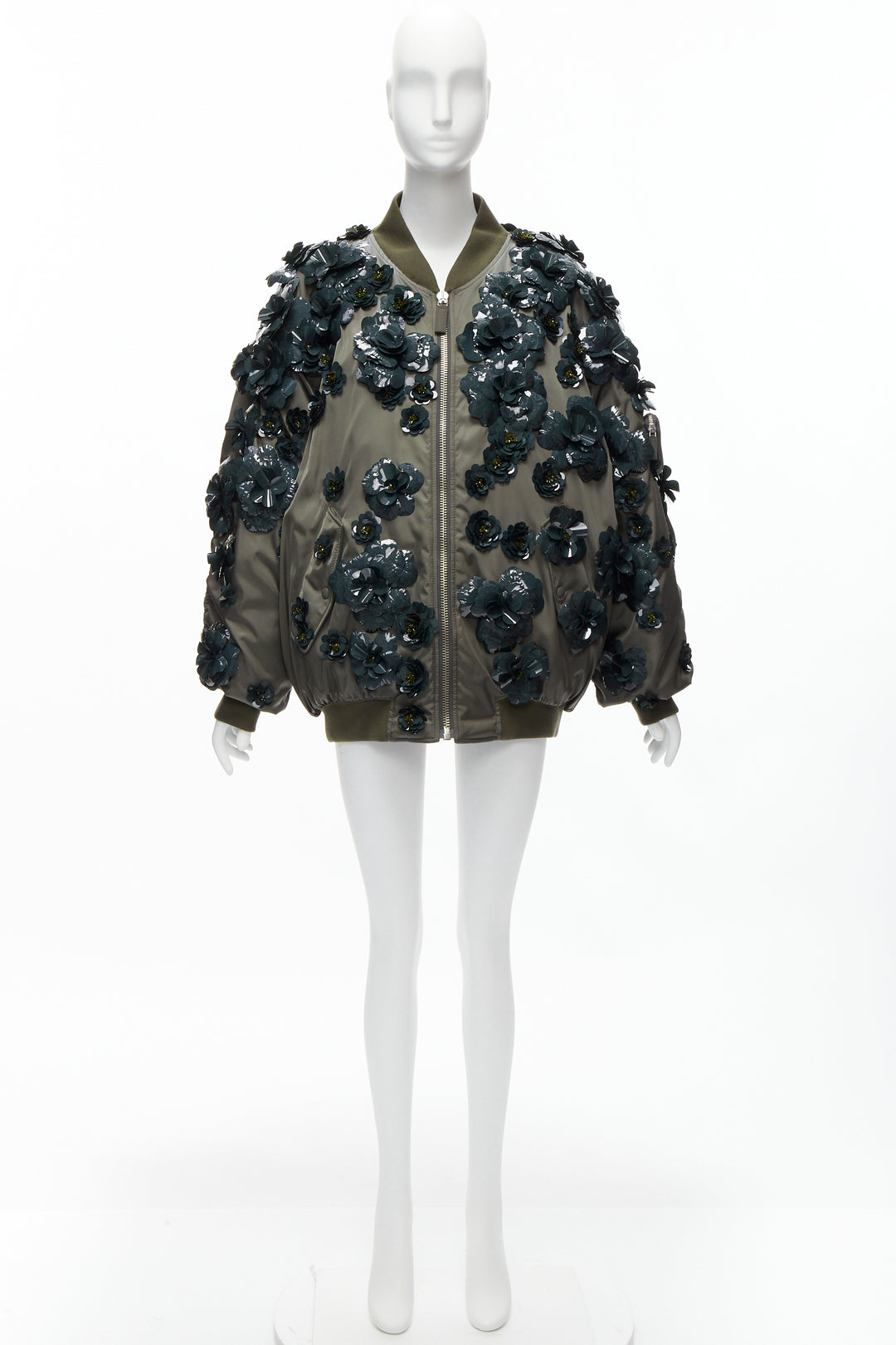 PRADA 2022 Runway Re-nylon green flower applique oversized bomber jacket XS