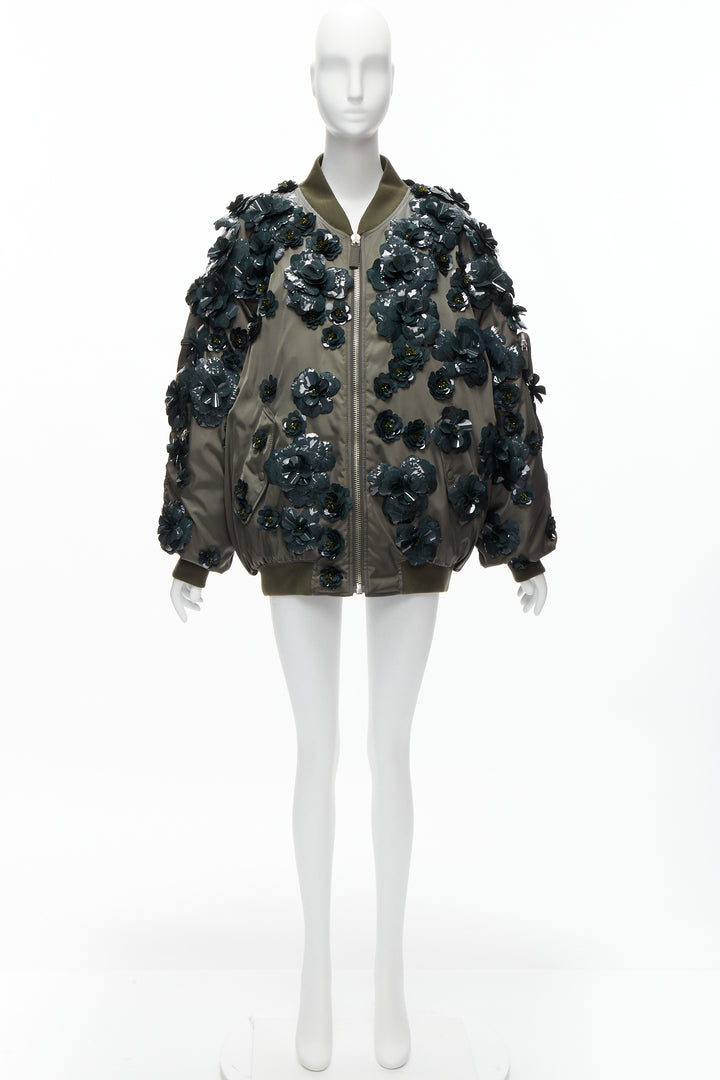 PRADA 2022 Runway Re-nylon green flower applique oversized bomber jacket XS