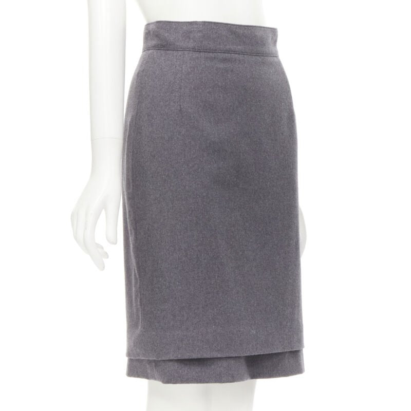 OSCAR DE LA RENTA grey wool double layered hem pencil skirt US2 XS