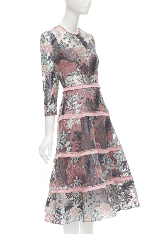 ALEXIS pink green floral embroidery sheer panel fringe flared gown XS