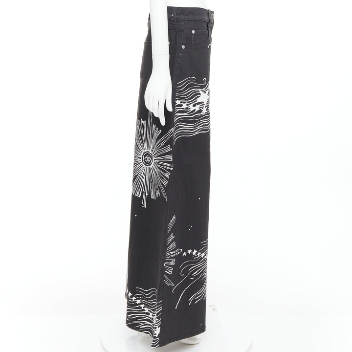 CHANEL 22C black white CC horoscope star print wide leg jeans FR40 L